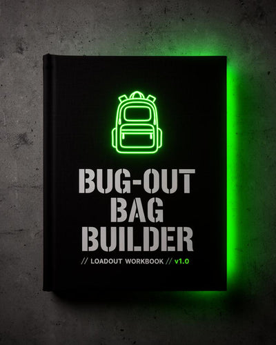 Bug-Out Bag Builder Workbook cover — black tactical workbook with glowing green backpack icon