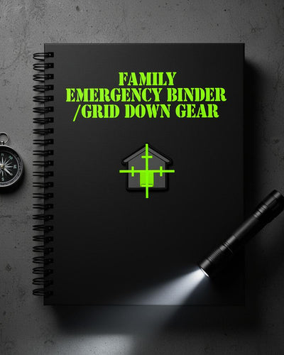 Family Emergency Binder — thick black coil-bound binder with phosphor green stencil title and house crosshair icon