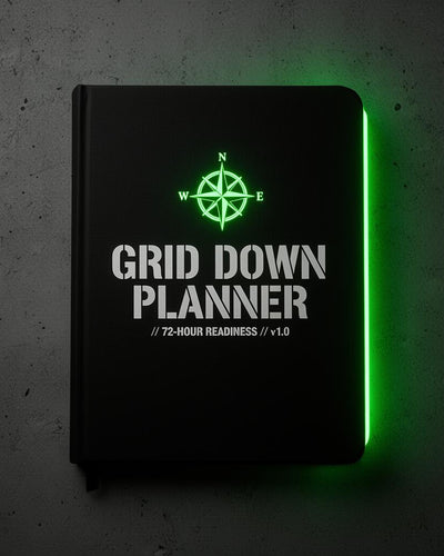 Grid Down Planner cover — black hardcover with glowing green compass rose
